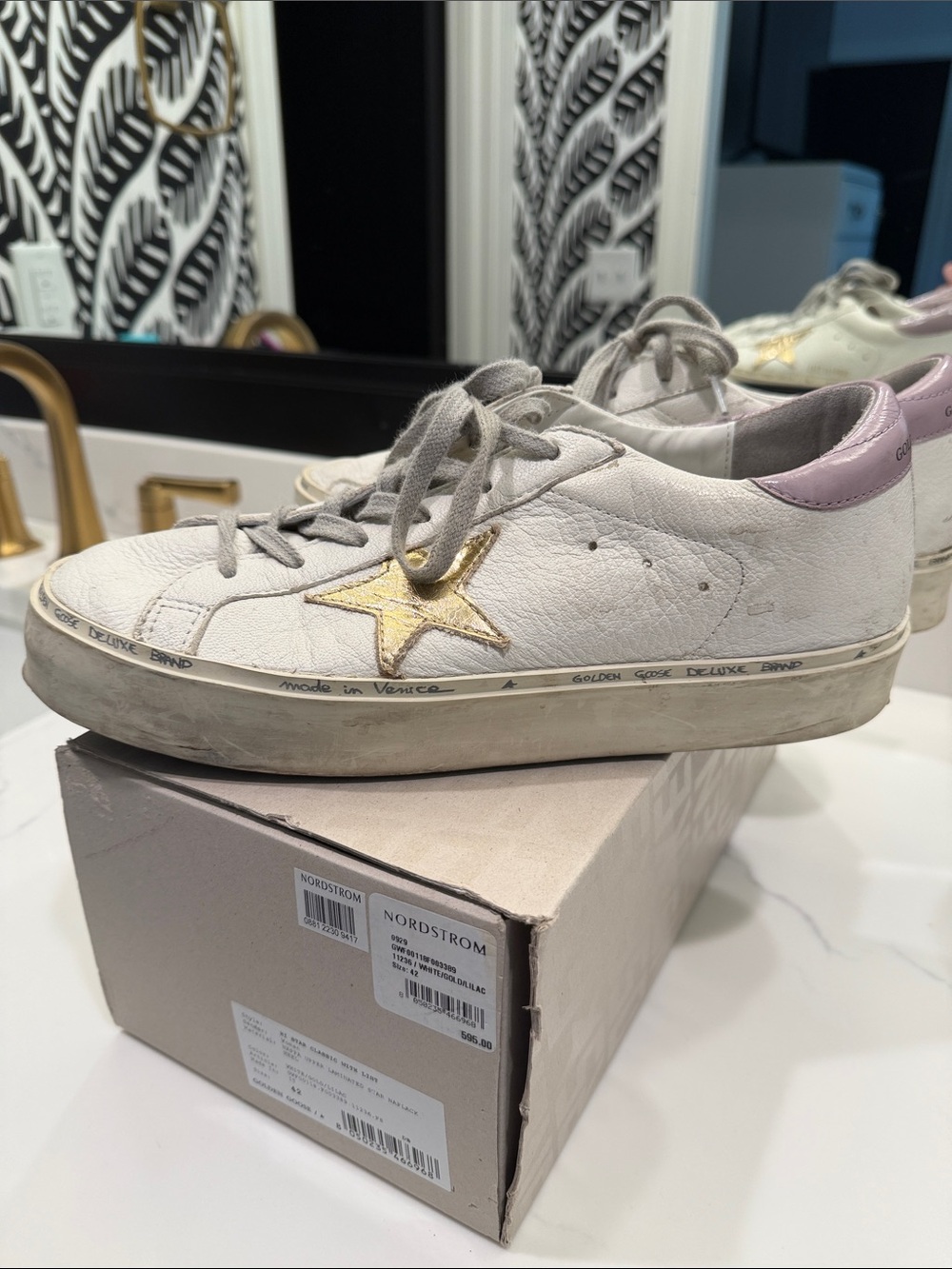 Golden Goose White Leather Sneakers with Gold Star and Purple Heel